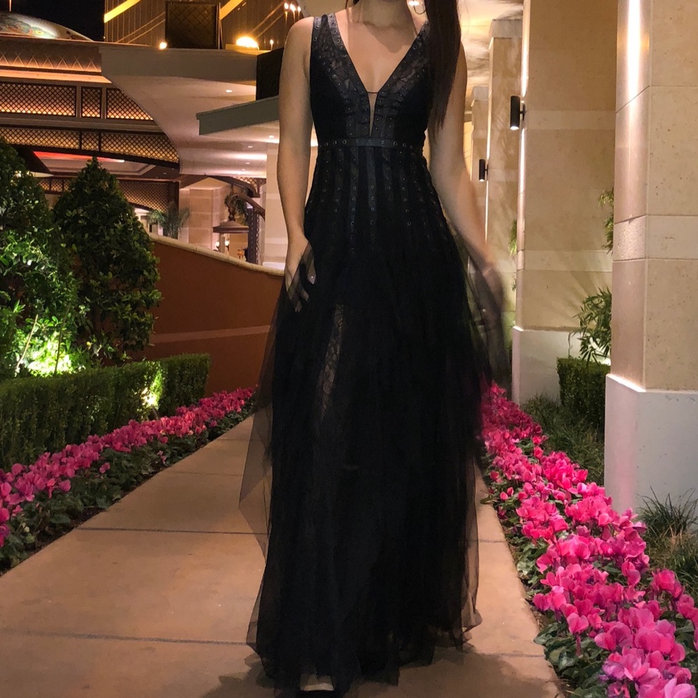 BCBGMAXAZRIA BLACK LEATHER LACE TULLE LONG CORSET BUSTIER FORMAL DRESS SZ 0